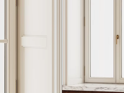 Modern White Casement Windows With Sleek Frame And Brass Handle On Marble Windowsill 3d model
