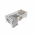 White Single Bed With Wooden Railings Floral Pillows And Black White Plaid Blanket