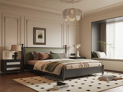 Classic Bedroom Interior Design With Black Headboard Bed Striped Bedding Table Lamps And Geometric Rug 3d model
