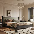 Classic Bedroom Interior Design With Black Headboard Bed Striped Bedding Table Lamps And Geometric Rug