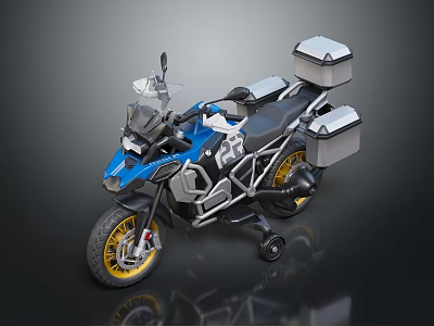 Blue And Silver Adventure Motorcycle With Side Cases And Yellow Rim Tires 3d model