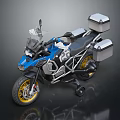 Blue And Silver Adventure Motorcycle With Side Cases And Yellow Rim Tires