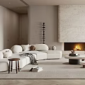 Modern Living Room Interior With Stone Fireplace Circular Ceiling Light Sectional Sofa And Wooden Flooring