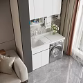 Modern Living Room With Beige Sofa Brown Geometric Art White Cabinets Washing Machine And Curtains