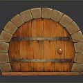 Arched Stone Brick Frame Wooden Gate With Horizontal Wooden Bars Round Knocker And Wooden Base