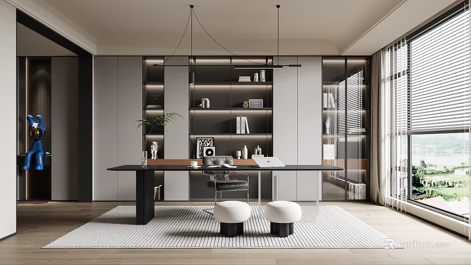 Modern Study Room Interior With Large Desk Bookshelves Pendant Lights And Area Rug 3d model 