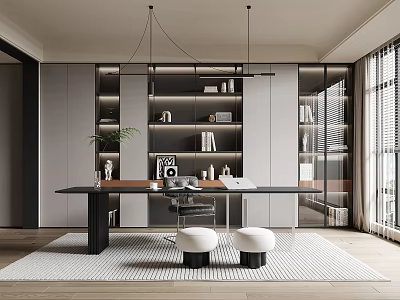 Modern Study Room Interior With Large Desk Bookshelves Pendant Lights And Area Rug 3d model