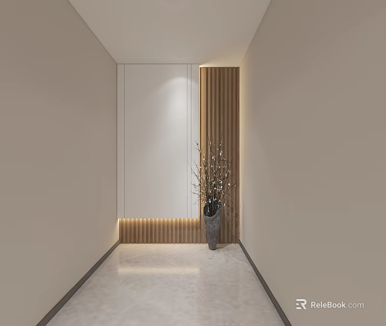 Modern Entryway Hallway With Beige Walls White Door Wooden Stripe And Light Marble Floor 3d model 