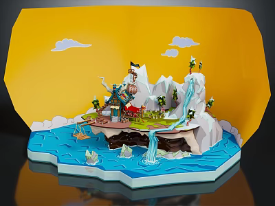 Cartoon Island Scene with Iceberg Waterfall Green Grass Small Boat Flags Trees on Blue Water 3d model