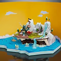 Cartoon Island Scene with Iceberg Waterfall Green Grass Small Boat Flags Trees on Blue Water