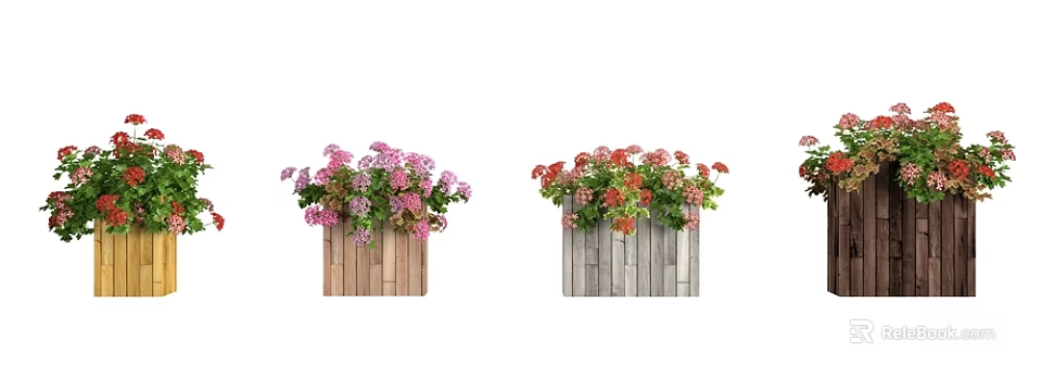 Lovely Garden Accents With Wooden Planters And Pink Red Blooming Flowers 3d model 