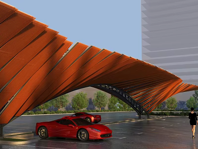 Modern Outdoor Parking Lot Featuring Orange Canopy Red Sports Car And Modern Building Design 3d model