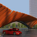 Modern Outdoor Parking Lot Featuring Orange Canopy Red Sports Car And Modern Building Design