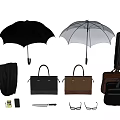 Everyday Travel Accessories Collection Featuring Umbrellas Handbags Suitcases Glasses and Wallets