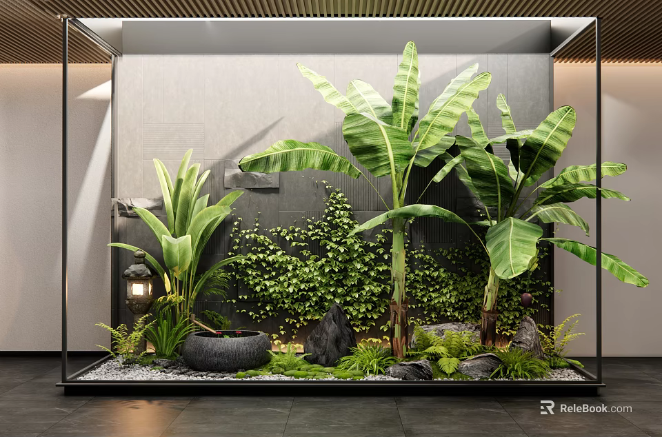Lush Indoor Plant Combination With Tropical Leaves Green Wall Stones And Moss 3d model 