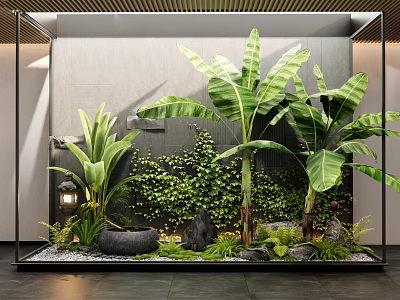 Lush Indoor Plant Combination With Tropical Leaves Green Wall Stones And Moss 3d model