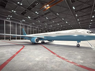 Passenger Airplane Parked In Indoor Hangar With Overhead Lights And Red Ground Lines 3d model