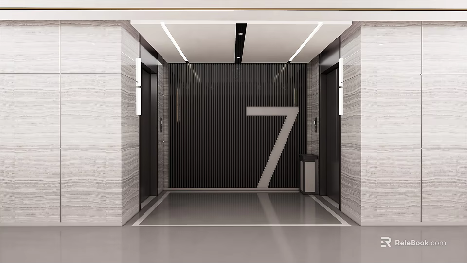 Modern Elevator Lobby With Number 7 Dark Striped Wall Light Marble Walls And Recessed Lights 3d model 
