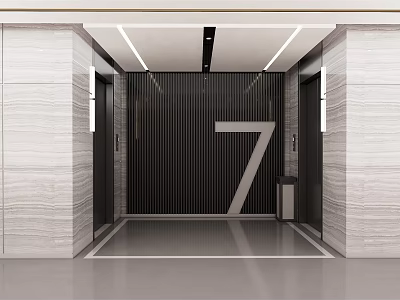 Modern Elevator Lobby With Number 7 Dark Striped Wall Light Marble Walls And Recessed Lights 3d model
