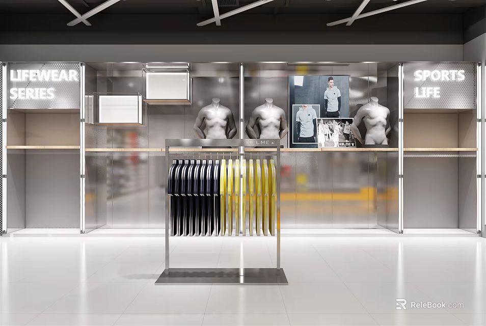 Sports Clothing Store With Mannequins Clothes On Rack And Sports Life Theme 3d model 