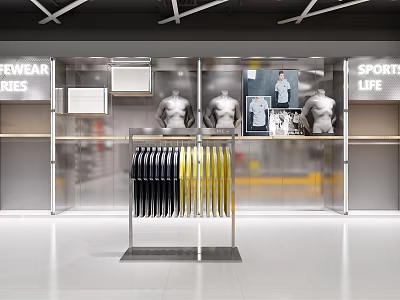 Sports Clothing Store With Mannequins Clothes On Rack And Sports Life Theme 3d model
