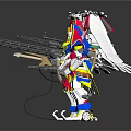 Detailed Colorful Mechanical Robot Character with Creature Wings and Weapon Design