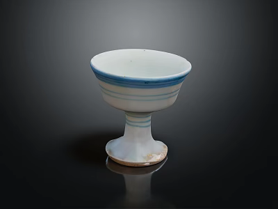 Classic White Stemmed Wine Glass With Blue Stripes On Black Background And Reflection 3d model