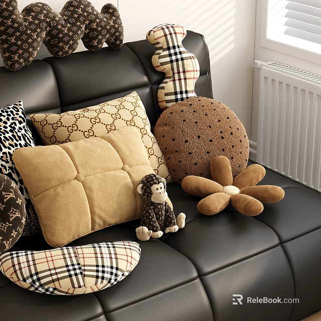 Decorative Pillows With Plaid Logo Dotted Patterns On Black Leather Sofa And Stuffed Monkey 3d model