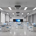Modern Science Classroom Equipped With White Tables Computers Projector Large Screen Windows And Ceiling Lights 3d model