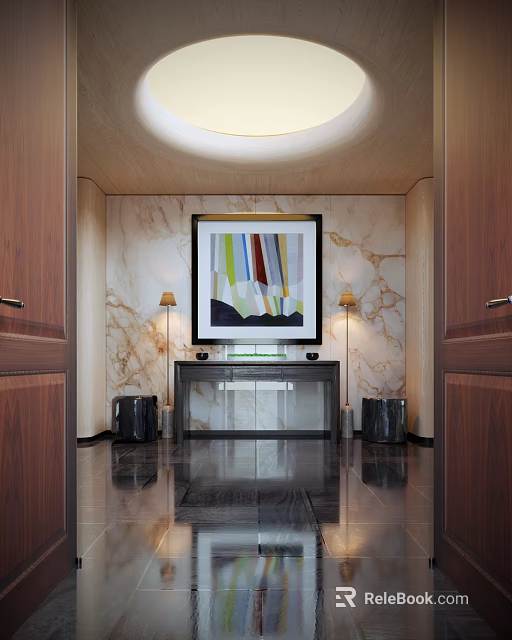 Luxurious Foyer Hallway With Marble Walls Artwork And Table Lamps 3d model 