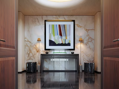 Luxurious Foyer Hallway With Marble Walls Artwork And Table Lamps 3d model