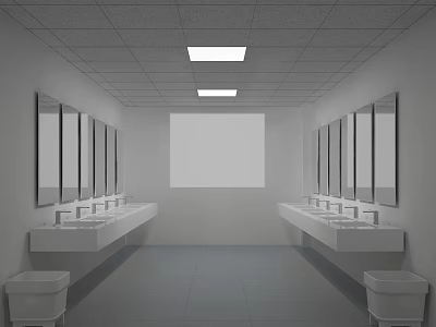 Public Restroom With Gray Ceiling Lights Mirrors Washbasins Large Window And Trash Bins 3d model