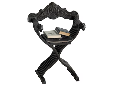 Ornate Black Carved Wooden Stool With Crossed Legs Armrests And Stacked Books On Seat 3d model