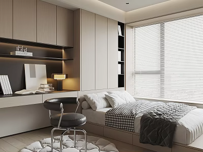 Modern Tatami Bedroom Interior Design With Desk Table Lamp Blinds And Storage Cabinets 3d model