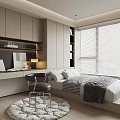 Modern Tatami Bedroom Interior Design With Desk Table Lamp Blinds And Storage Cabinets