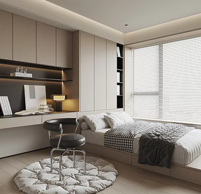 Modern Tatami Bedroom Interior Design With Desk Table Lamp Blinds And Storage Cabinets 3d model