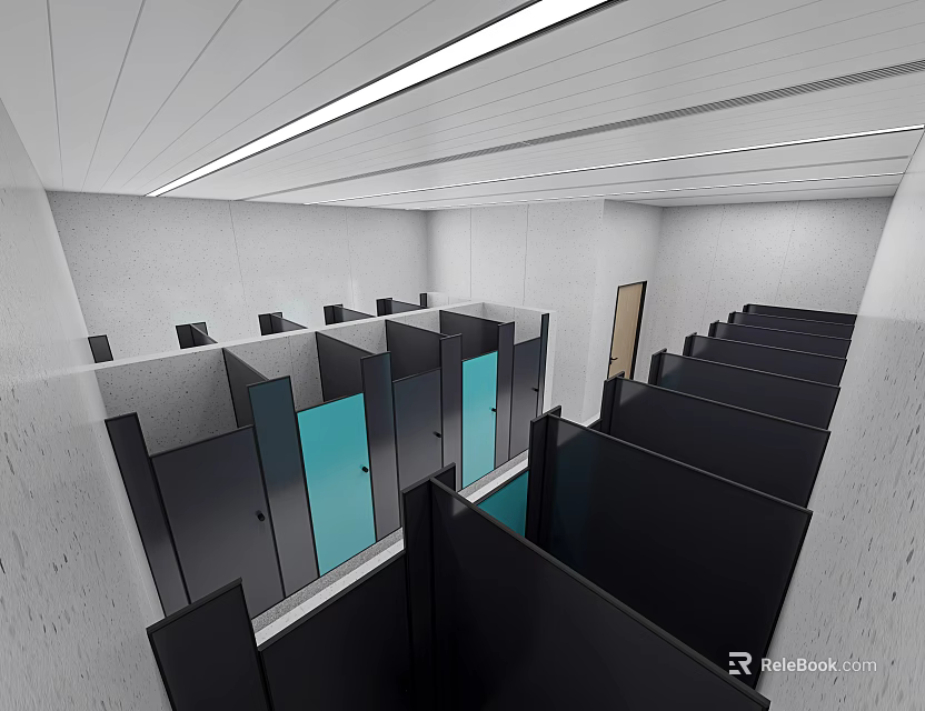 Modern Public Restroom Interior With Stalls Doors And Ceiling Lighting 3d model 