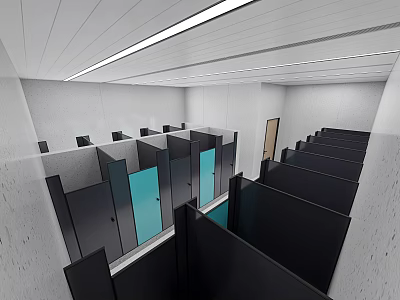 Modern Public Restroom Interior With Stalls Doors And Ceiling Lighting 3d model