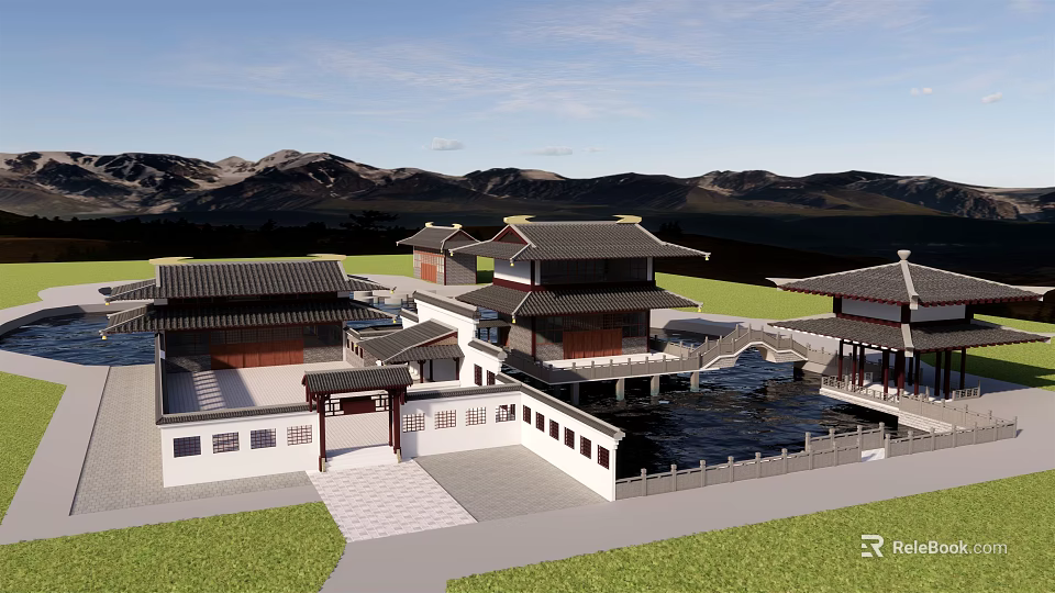 Scenic Traditional Ancient Architecture Complex With Pond Bridge And Mountain View 3d model 