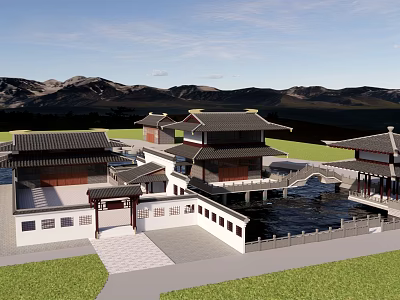 Scenic Traditional Ancient Architecture Complex With Pond Bridge And Mountain View 3d model