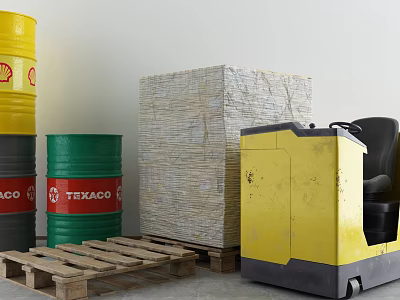 Industrial Forklift Equipment With Wooden Crate Drums And Pallets In Warehouse 3d model