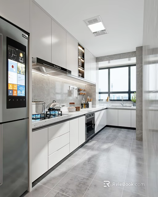 Modern Kitchen Interior Design With White Cabinets Stove Range Hood Stainless Steel Refrigerator And Window 3d model 