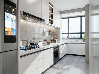 Modern Kitchen Interior Design With White Cabinets Stove Range Hood Stainless Steel Refrigerator And Window 3d model