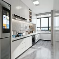 Modern Kitchen Interior Design With White Cabinets Stove Range Hood Stainless Steel Refrigerator And Window