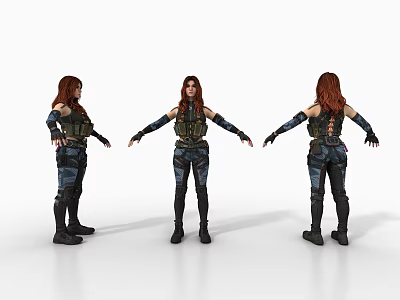 Game Movie Character 3D Model With Red Hair And Tactical Outfit In Multiple Angles 3d model