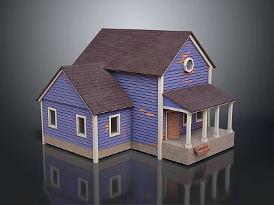 Wooden House With Blue Exterior Dark Brown Roof Porch Windows And Bench 3d model