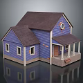 Wooden House With Blue Exterior Dark Brown Roof Porch Windows And Bench