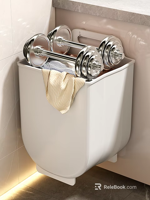 Stacked Chrome Dumbbells As Sports Equipment In White Storage Container With Towel 3d model 