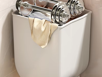 Stacked Chrome Dumbbells As Sports Equipment In White Storage Container With Towel 3d model
