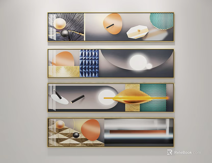 Modern Decorative Wall Art With Geometric Shapes Colors Textures And Golden Frames 3d model 